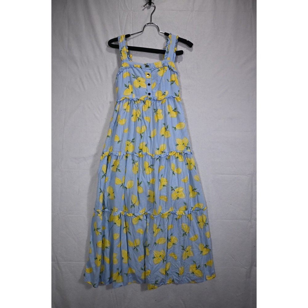 Nom Lemon Print Maxi Dress XS Blue Yellow Tiered Ruffle Summer Fairy